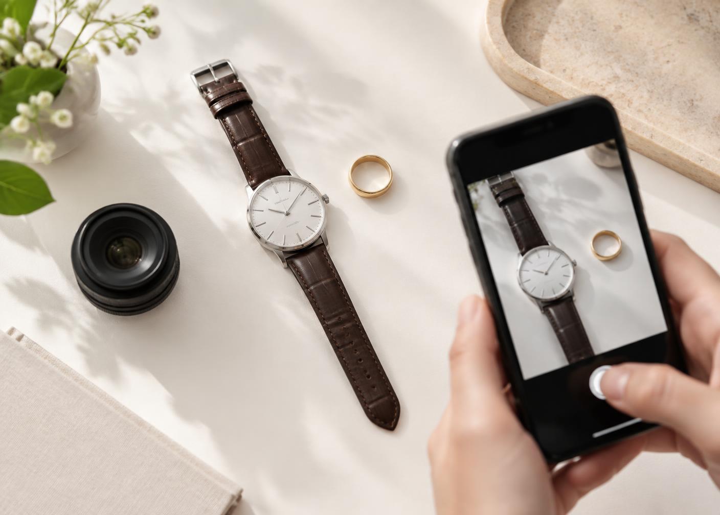 A phone photographing a watch and a gold ring on a light table